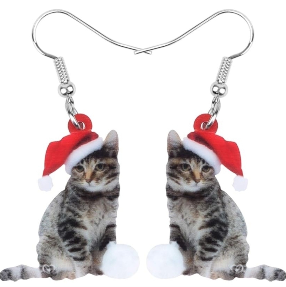 Women's jewelry festive holiday designed cat in Santa hat dangle earrings